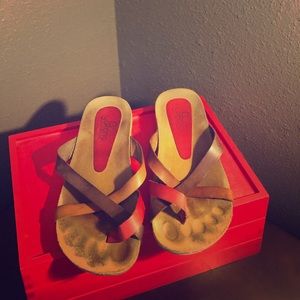 Slip on leather tri color sandals, red, tan, brown